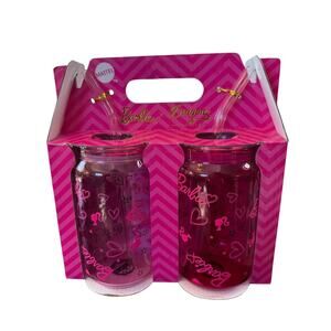 Barbie x Dragon Glassware Pink Hearts Lids, Straws, New In Box 16‎ Oz 480 mL (2)